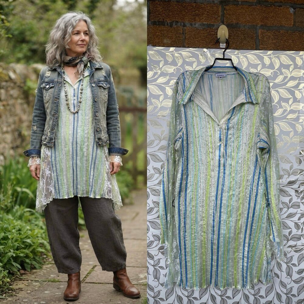 Komarov Green Blue Striped Crinkle Pleated Long Sleeve Tunics Dress Medium